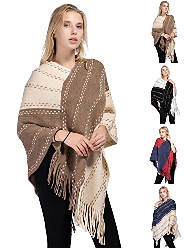 Khaki two-tone fringed poncho sweater with asymmetrical sides and stripe detailing
