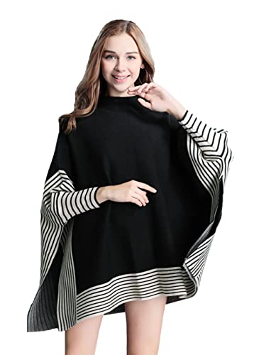 Women's black knit poncho sweater with mock neck and striped batwing sleeves