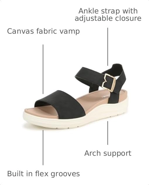 Women's black canvas sandal with ankle strap, gold-tone buckle, and cushioned arch support