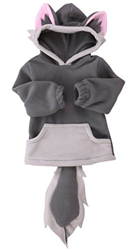 Grey animal-ear hooded pullover with long sleeves and split pocket front, unisex baby