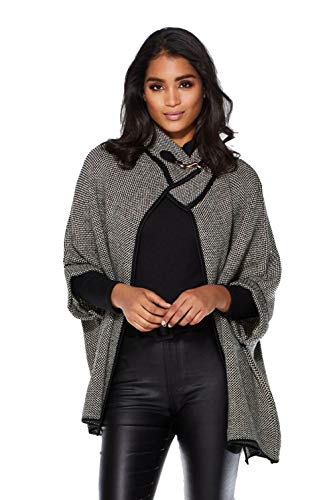 Grey speckled knit poncho cardigan with black trim, buckle at neckline, open front
