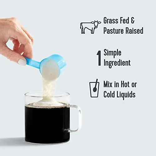Collagen peptides powder being poured into a cup with blue scoop