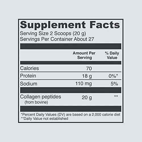 Collagen peptides supplement facts label showing serving size and 20 g collagen peptides