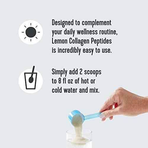 Lemon collagen peptides powder scoop directions: mix 2 scoops in hot or cold water