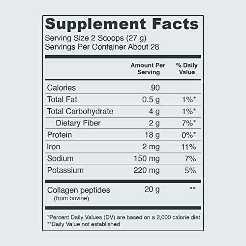 Supplement Facts panel showing serving size and collagen peptides 20 g