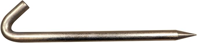 Galvanized steel tent stake with pointed tip and curved hook end, end view on white.