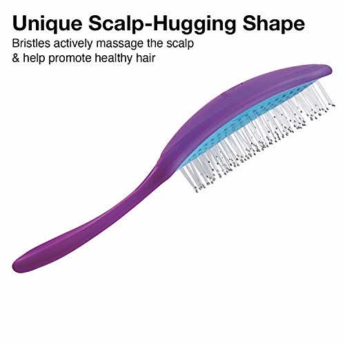 Purple styling brush with white-tipped bristles on a curved pad and lavender handle.
