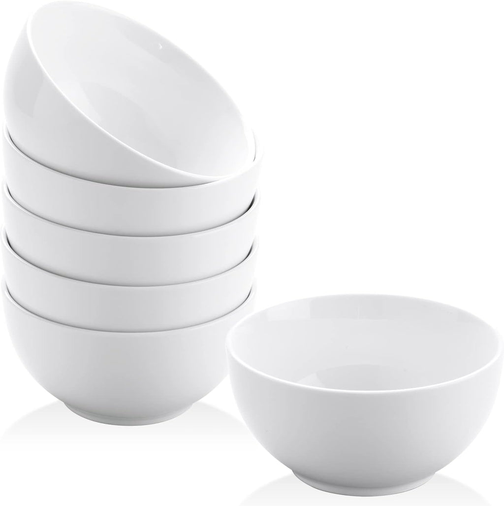 White ceramic small bowls set, stacked round dishes with wide rims for desserts