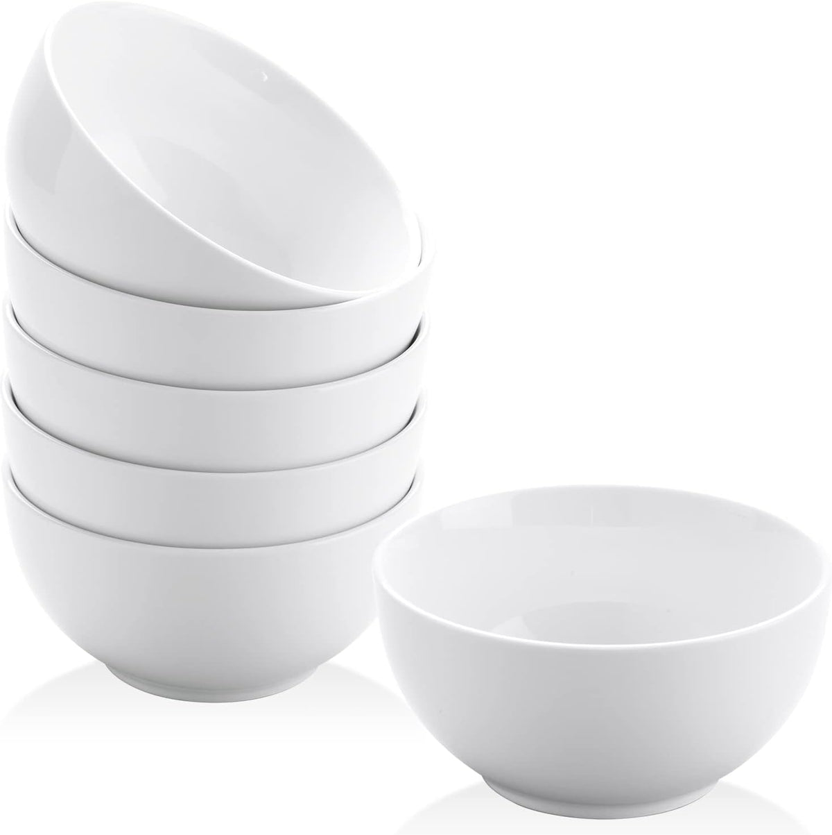 White ceramic small bowls set, stacked round dishes with wide rims for desserts