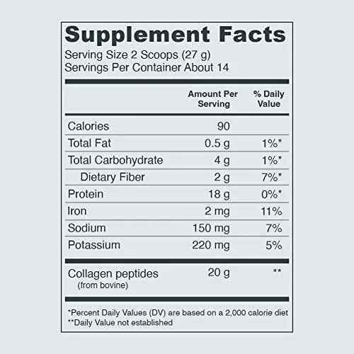 Supplement facts panel for collagen peptides powder with nutrition table