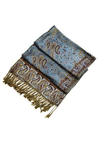 Blue jacquard paisley pashmina wrap with gold-toned accents and fringed border