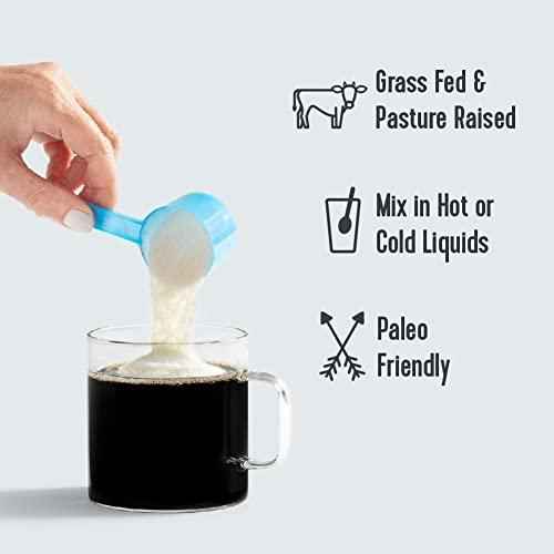 Collagen powder scoop pouring into mug with grass-fed & paleo friendly icons