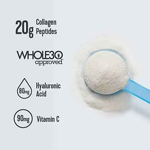 Collagen peptides powder label with 20 g per serving, Whole30 approved, vitamin C and hyaluronic acid