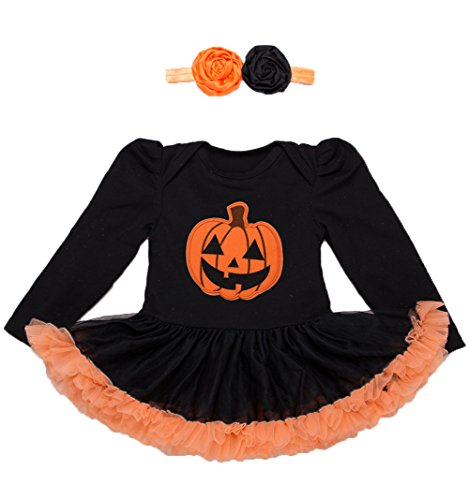 Infant Halloween cotton romper tutu dress in black with orange pumpkin graphic and headband