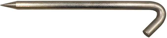 Galvanized steel tent stake with pointed end and U-shaped hook for securing tents.
