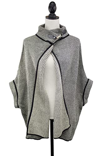 Grey speckled knit poncho cardigan with black trim and draped open back design