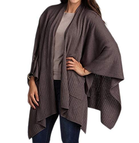 Dark slate knitted poncho wrap with open front, draped batwing sleeves and side pockets