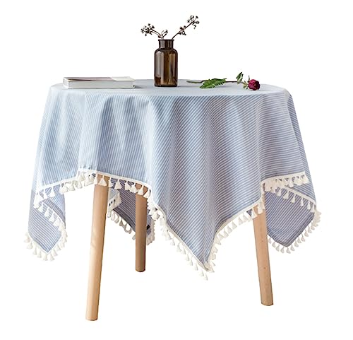 Light blue striped cotton-blend tablecloth with white tassel fringe, 55x55 in