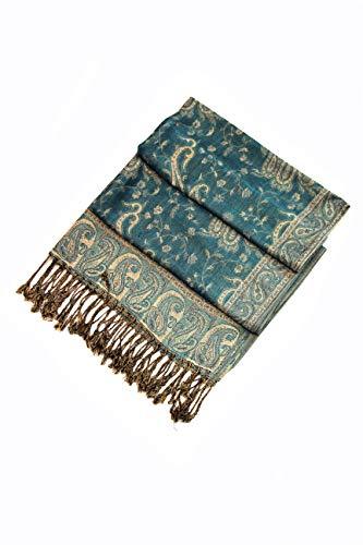 Teal paisley pashmina shawl with fringed hem, neatly folded