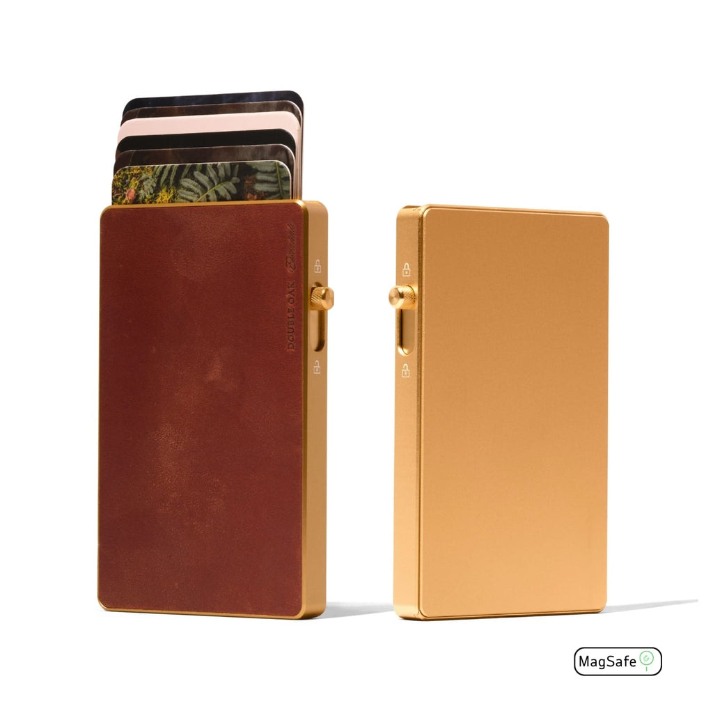 Brown leather Mod wallet with gold MagSafe plate, front card holder and side hardware