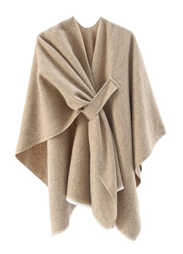 Beige women's open-front fringe poncho shawl with tied waist detail