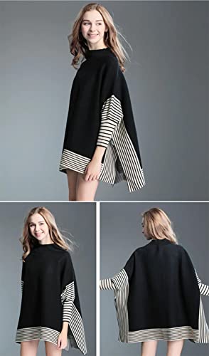 Women's black poncho sweater shown front and back; mock neck and striped hem
