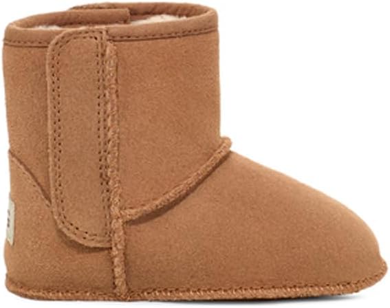 UGG baby classic suede boot, chestnut brown, side view with stitched back panel