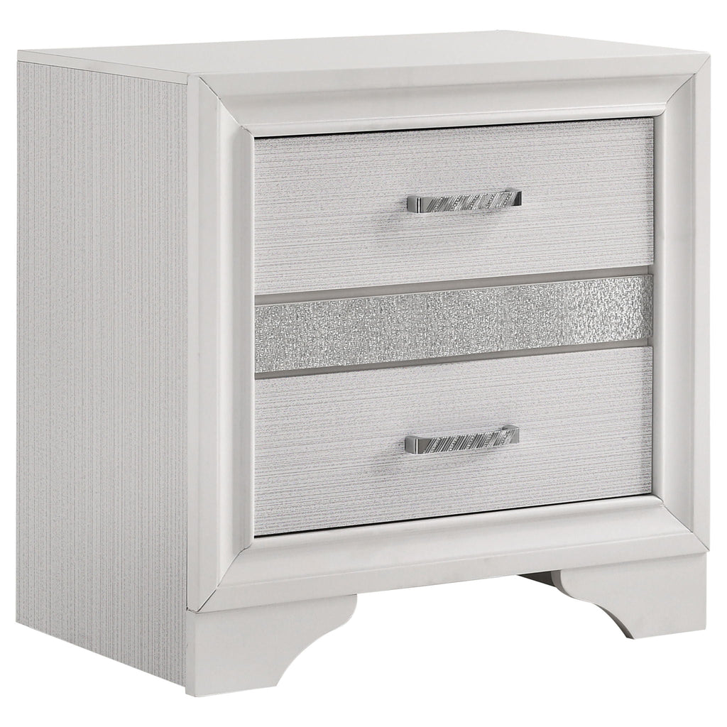 White nightstand with two drawers and silver-tone bar handles