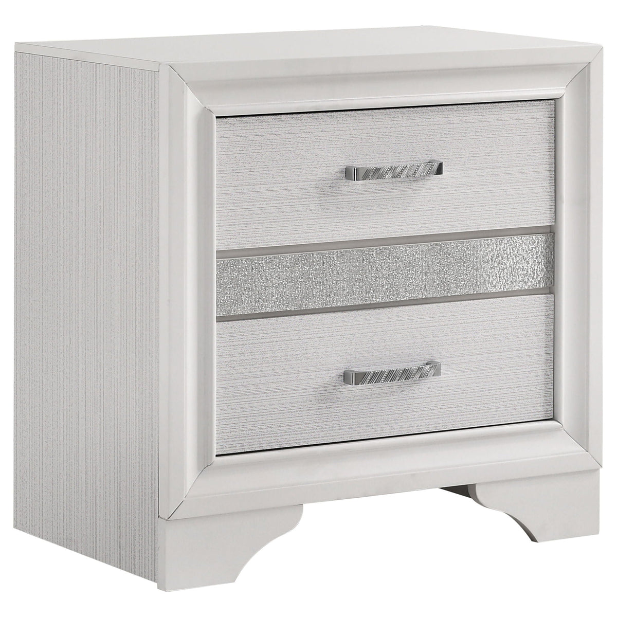 White nightstand with two drawers and silver-tone bar handles