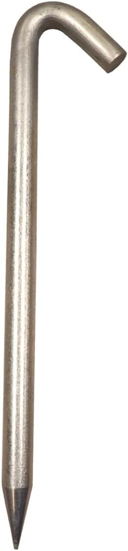 Single galvanized steel tent stake with pointed tip and hooked top for anchoring.