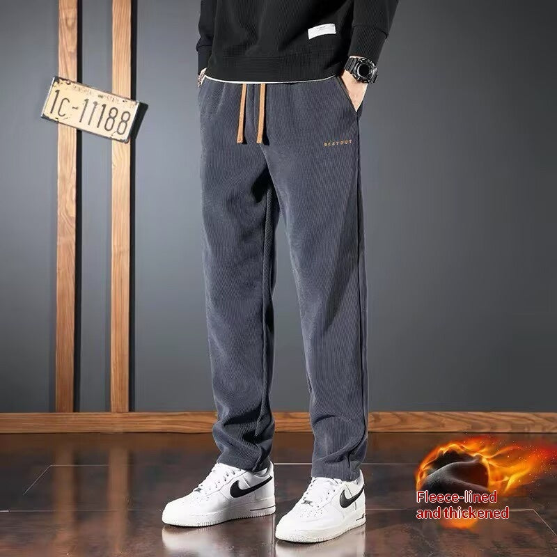Men's straight-leg corduroy pants, blue-gray, drawstring waist, ribbed texture