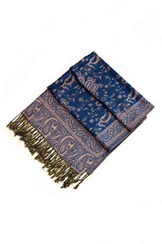 Blue paisley pashmina shawl with tassel fringe, folded view showing border print.