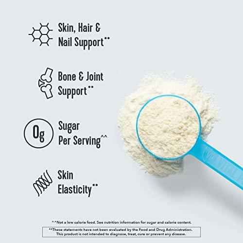 Collagen peptides powder with scoop, highlights skin, bone, nail support and 0g sugar