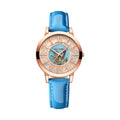 Blue leather-strap quartz watch with rose-gold round dial and Roman numerals