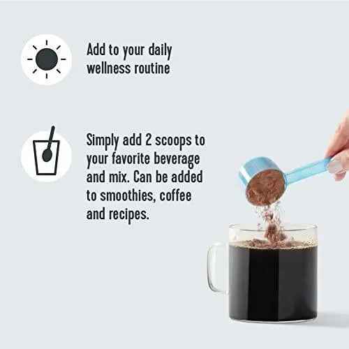 Collagen peptides powder serving graphic with scoop pouring into a mug