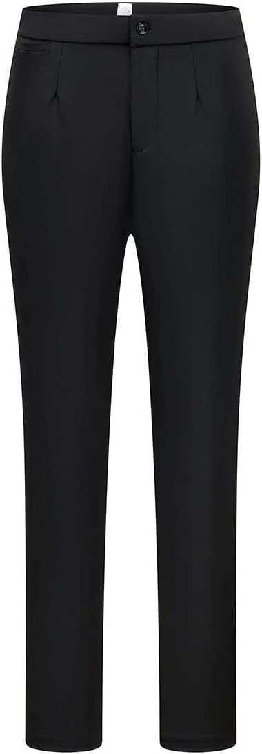 Women's black slim-fit trousers with waistband and button closure, pressed legs