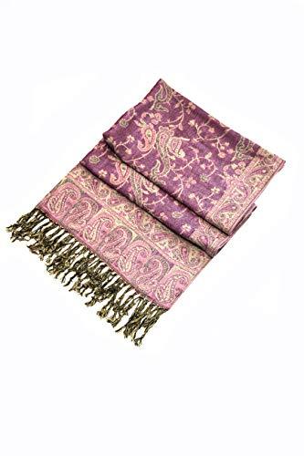 Purple paisley pashmina shawl with long gold fringe tassels, neatly folded.