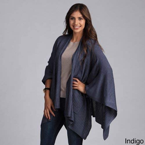 Indigo knitted poncho with pockets and wide drape sleeves, open front wrap