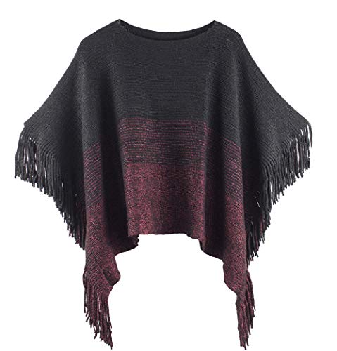 Knit poncho sweater with batwing sleeves and fringe trim, black with wine-red panel