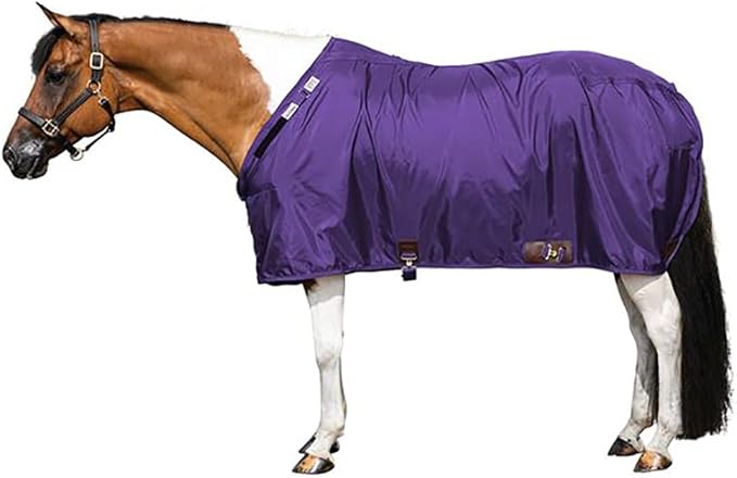Purple horse stable sheet with chest straps and tail flap