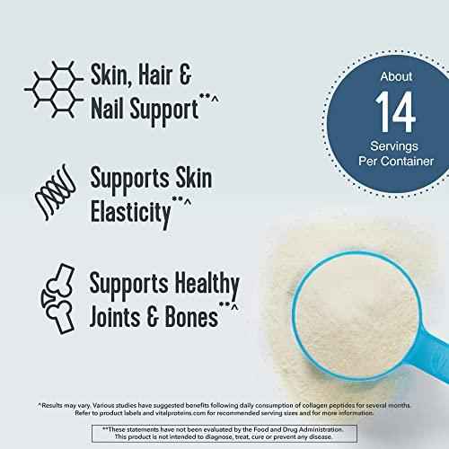 Collagen peptides powder benefits with magnifying glass and about 14 servings shown