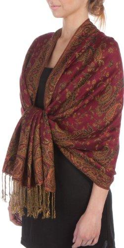 Burgundy paisley jacquard pashmina shawl with fringed ends, draped over shoulders.