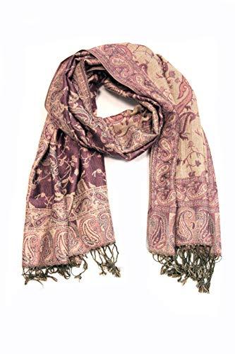Rose and mauve paisley pashmina shawl with gold-tone fringe tassels, folded loop shape.