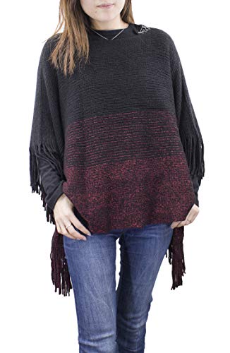 Two-tone knit batwing poncho sweater with fringe, black body and wine-red band
