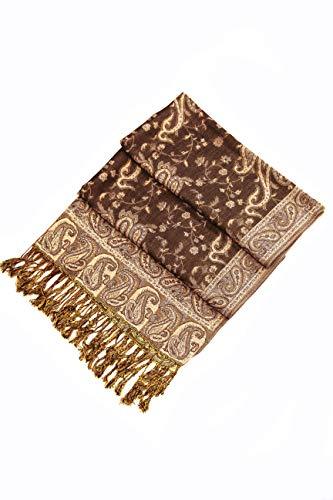 Brown jacquard paisley pashmina wrap with gold accents and fringed ends