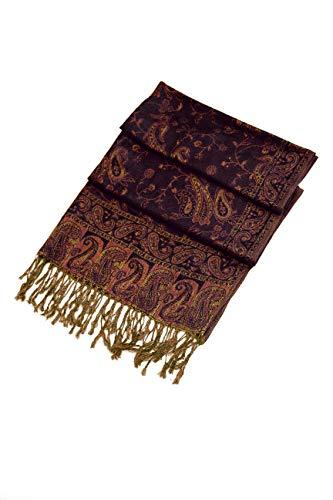 Double-layer jacquard paisley pashmina shawl in deep burgundy with gold fringe