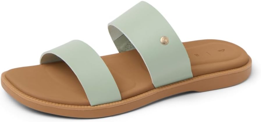 Women's slide sandals with mint vegan leather straps and tan cushioned footbed
