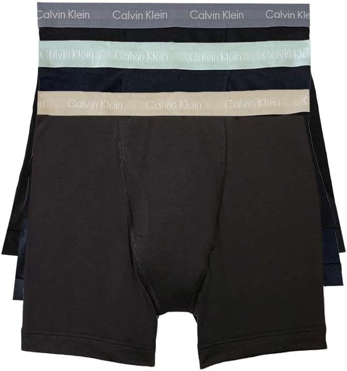 Men's cotton stretch boxer briefs 3-pack in dark tones with beige and black logo waistbands