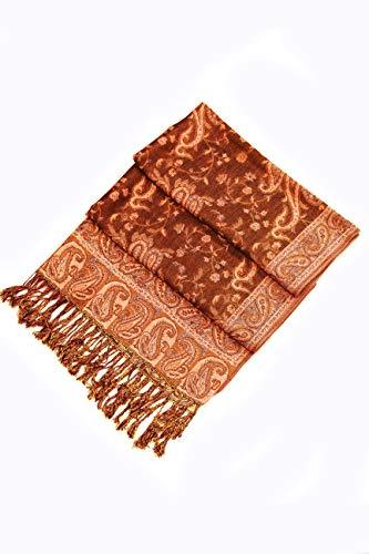 Double-layer jacquard paisley pashmina shawl in warm orange-brown with gold fringe