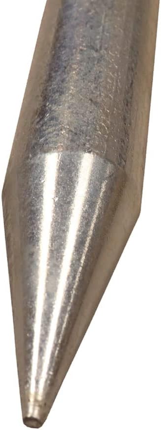 Close-up of a galvanized steel tent stake tip with shiny metal finish.